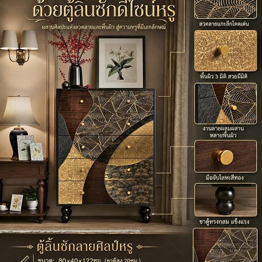 ตู้ลิ้นชักลายศิลป์หรู ✨ ดีเทลแกะลายสีทอง-ดำ เพิ่มมิติให้มุ...